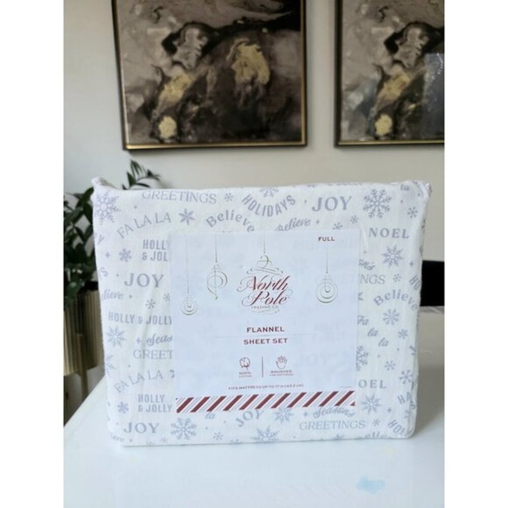 North Pole Flannel Full Sheet Set Holiday Christmas 100% Cotton White/Blue NEW